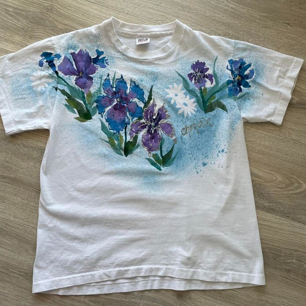 Vintage 90's Charleston Glitter Graphic Floral Purple and Blue Tshirt Grandma